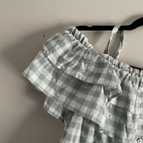 LC Lauren Conrad Women L Green/White Gingham Chambray Off Shoulder Crop Top NWT - Picture 5 of 11